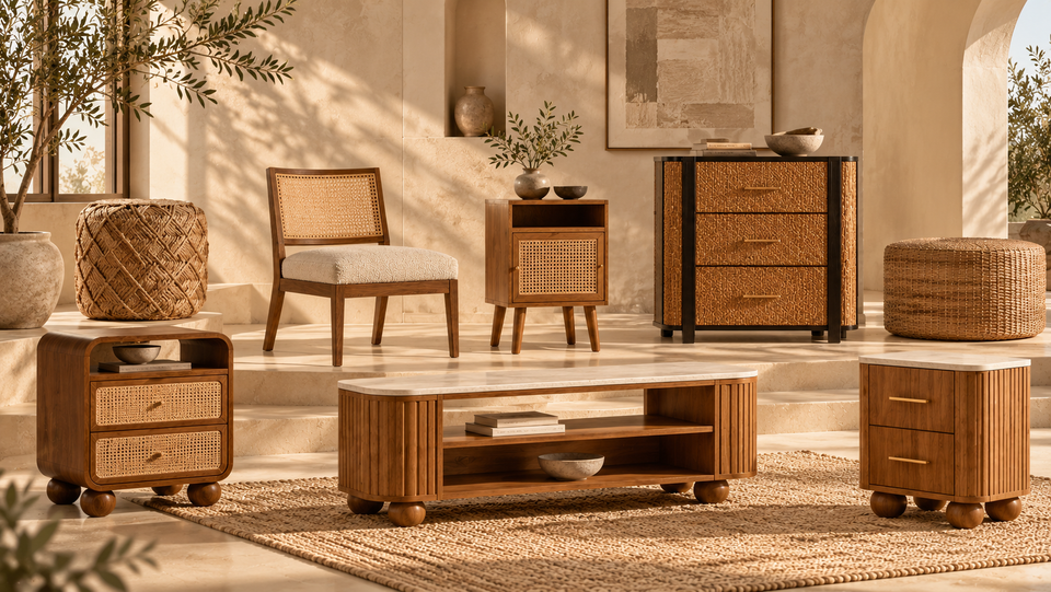light rattan pieces, marble top french summer style furniture, linear simple lined pieces.