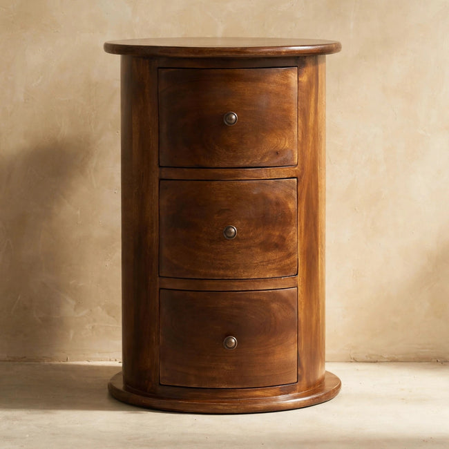 Round 3 drawer chestnut drum chest in solid mango wood, shown in a room setting