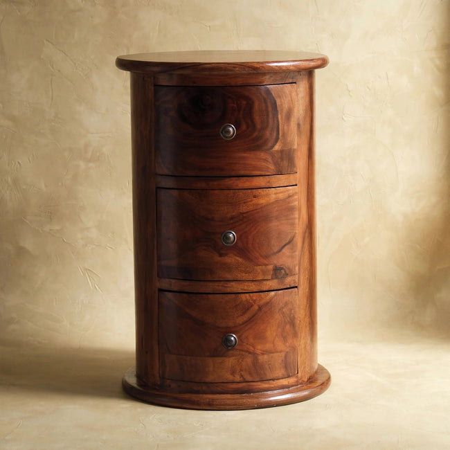 Front view of the 3 drawer drum chest in a natural oak-ish finish