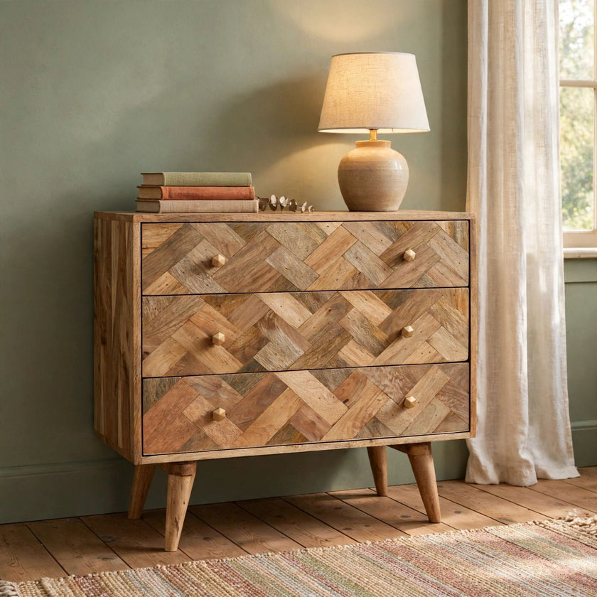 Patchwork chest of drawers with zig-zag drawer fronts in a room setting