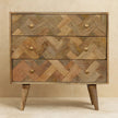 Front view of the 3 drawer patchwork chest with brass hexagon knobs