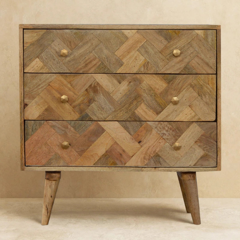 Front view of the 3 drawer patchwork chest with brass hexagon knobs