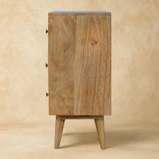 3 drawer zig-zag patchwork chest in solid mango wood styled in a room