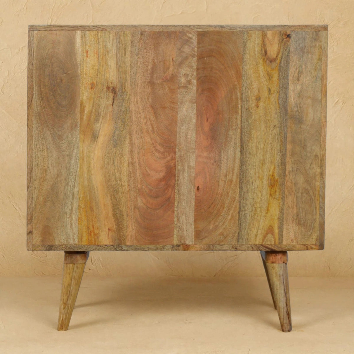 Patchwork 3 drawer chest in a bedroom-style room setting