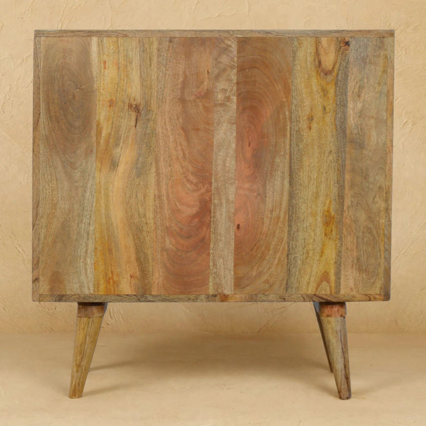 Patchwork 3 drawer chest in a bedroom-style room setting