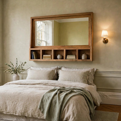 Solid oak wall mirror with a 5 slot floating unit in a room setting