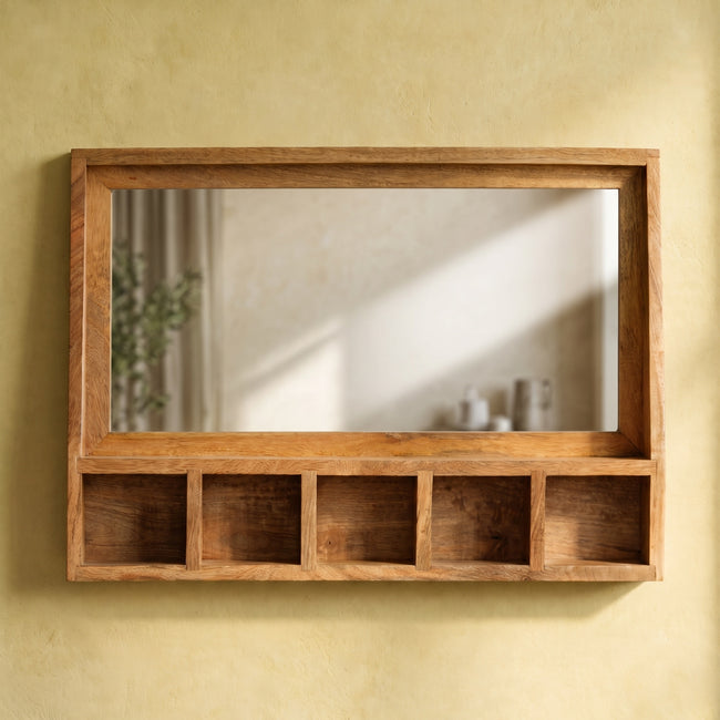 Wall-mounted solid oak mirror with a 5 slot floating unit, shown in a room setting