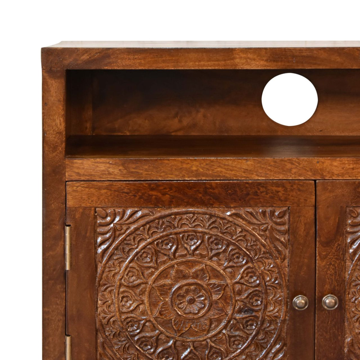 Tova open shelf cabinet seen from an angle, showing the chestnut finish