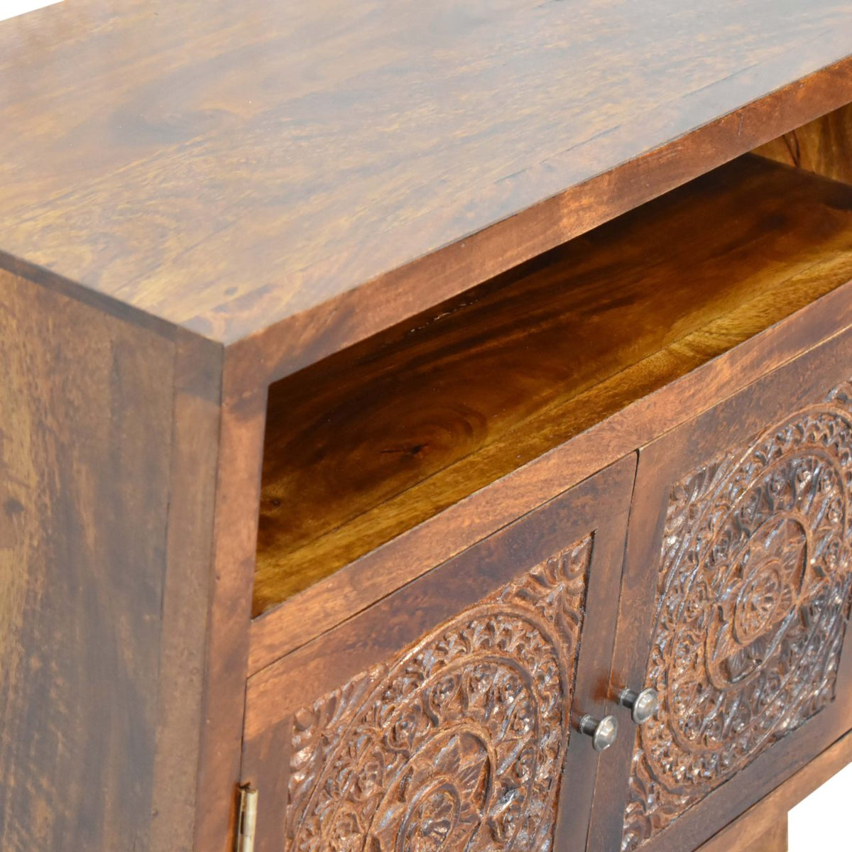 Close-up of the patterned door front on the Tova cabinet