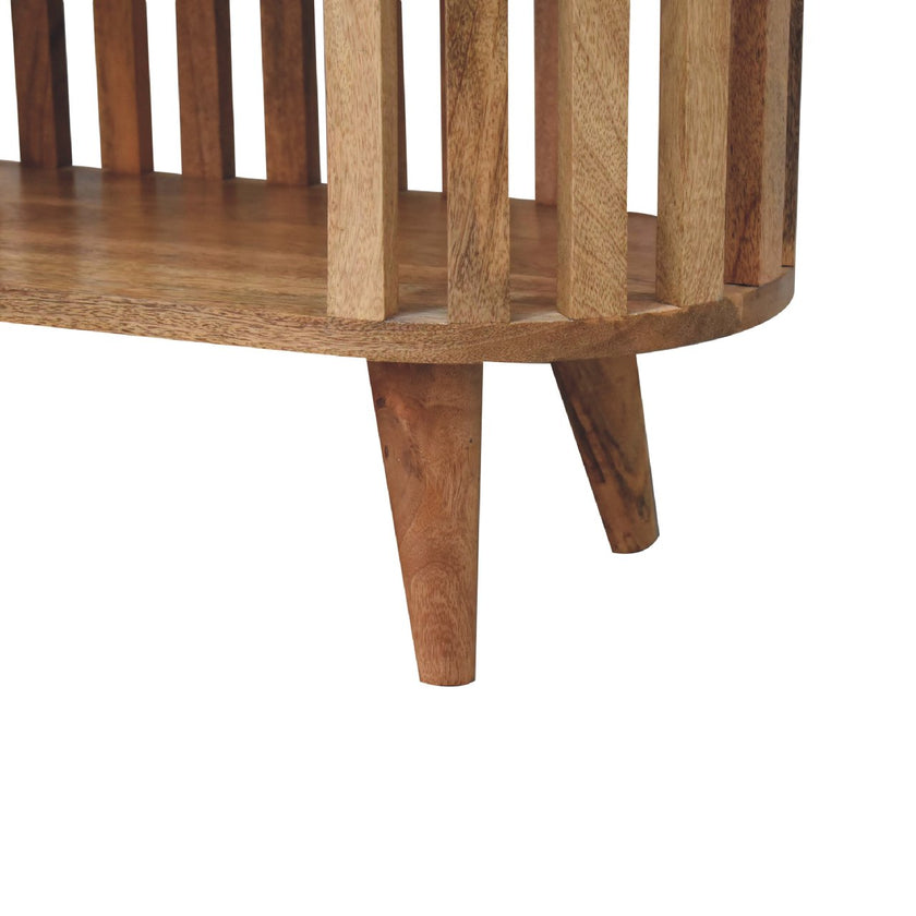 Close-up of the oak-ish mango wood finish on the Ariella cabinet