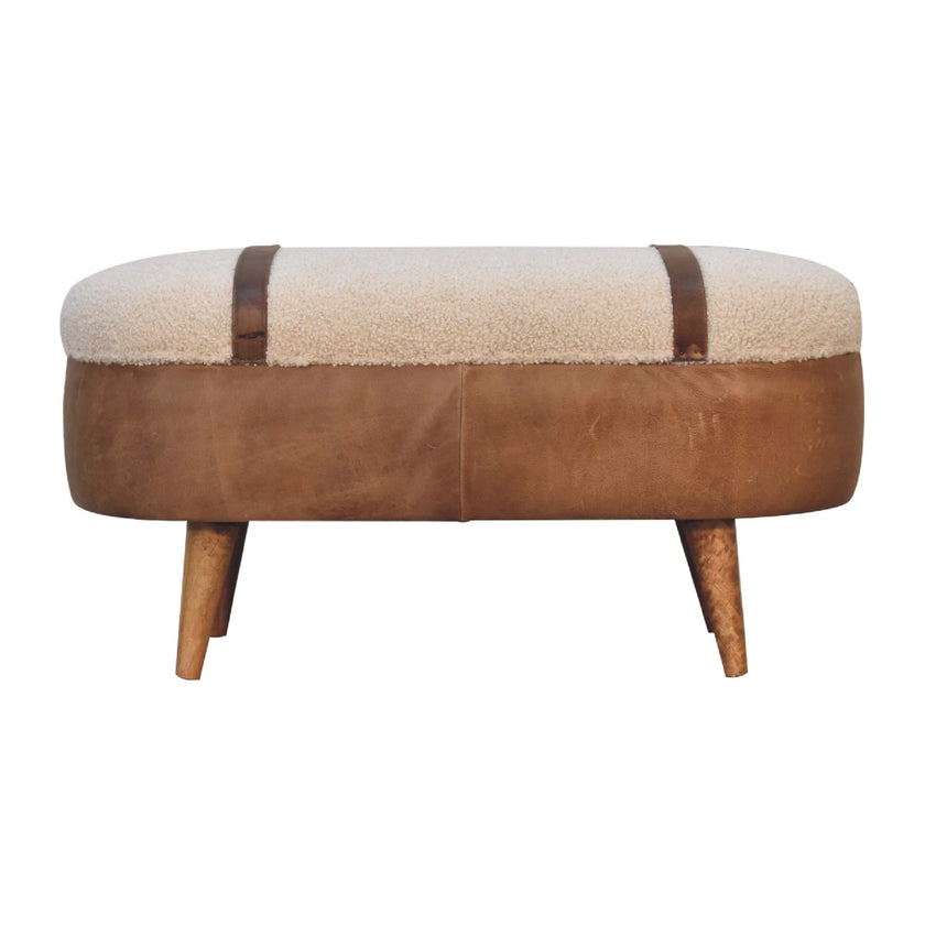 Tan boucle bench with oval buffalo leather base on four oak-look legs