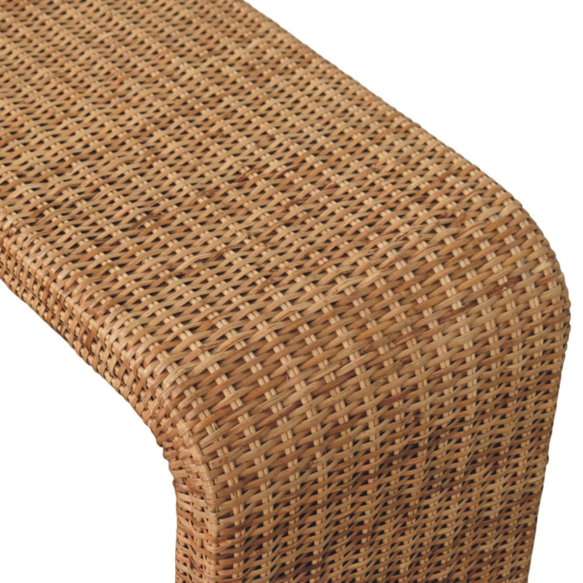 Rattan weave bench product photo showing the mango wood and rattan design