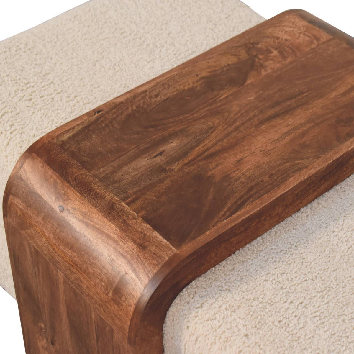 Arden Bench Duo product photo showing both boucle seats and the mango wood table
