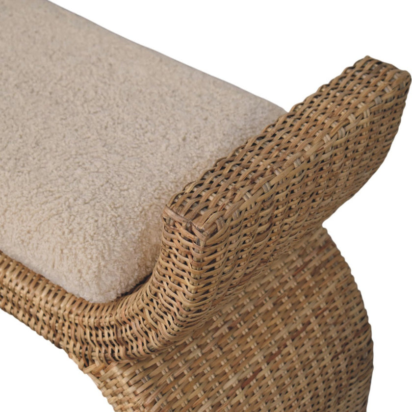 Rattan weave boucle bench with oakish mango wood legs and cushion, product view