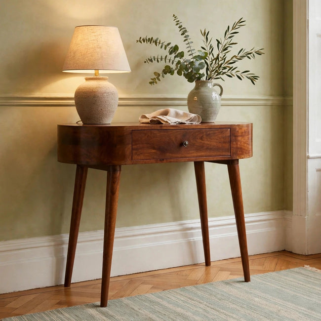 Albion chestnut mango wood console table with a small drawer in a hallway setting