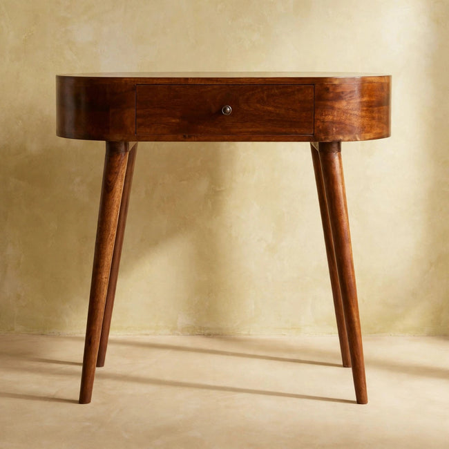 Front view of the Albion console table showing its chestnut finish and rounded edges