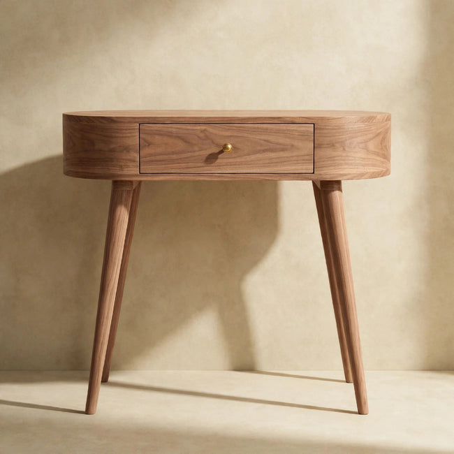 Albion solid mango wood console table with walnut finish placed against a wall as a hallway table