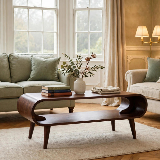Amaya light walnut coffee table in a living room setting