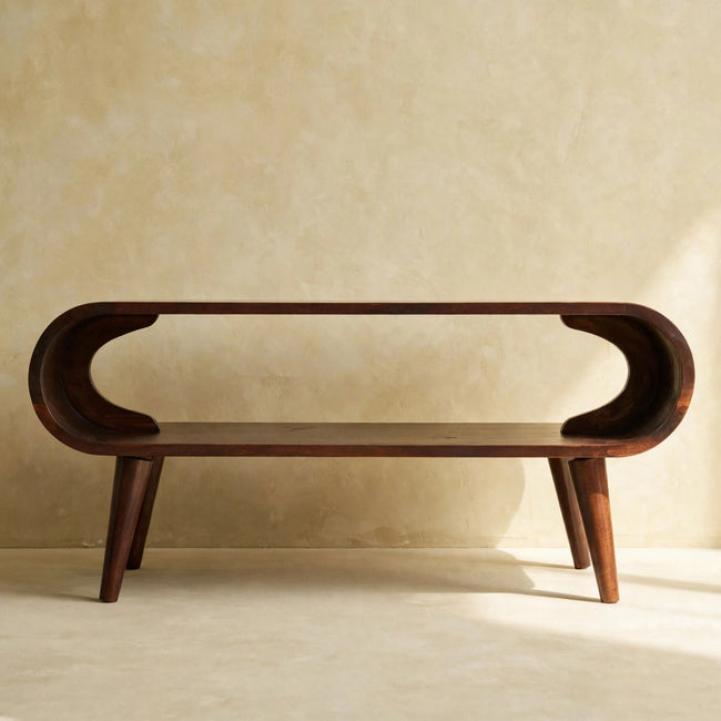 Solid mango wood Amaya coffee table styled in front of living room seating