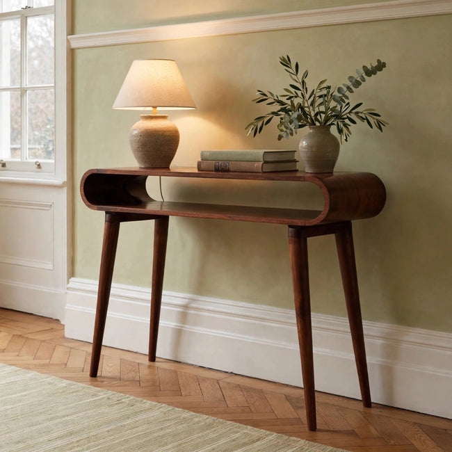Amaya solid mango wood console table with Nordic-style legs in a hallway