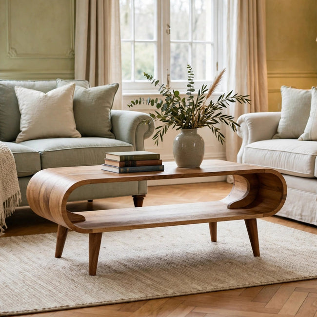 Amaya Nordic style mango wood coffee table with an oak-ish finish in a living room