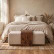 Arden Bench Duo with two boucle seats and a solid mango wood table in a room setting