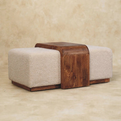 Honey Caramel boucle bench with a central mango wood table in a styled interior