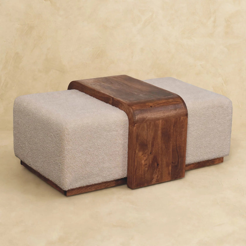 Side view of the Arden Bench Duo boucle bench in a room setting