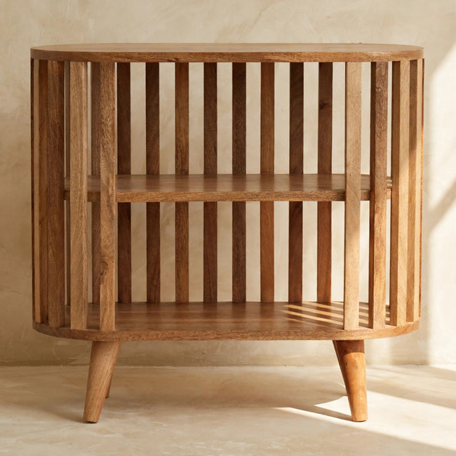 Angled view of the Ariella cabinet showing its two open shelves