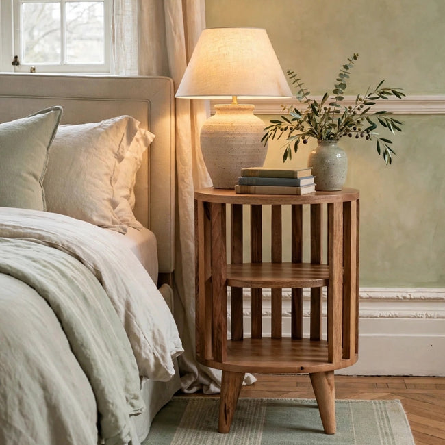Ariella two-shelf bedside table in oak-ish solid mango wood styled in a bedroom