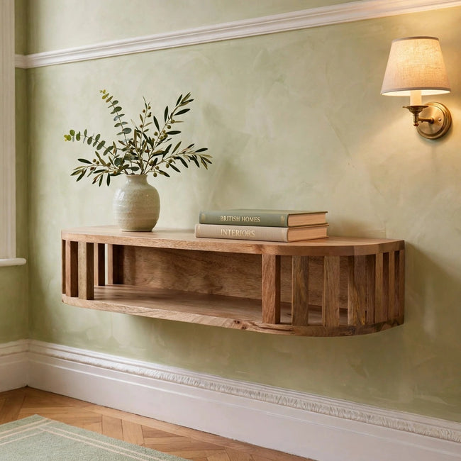 Ariella floating console table in oak-ish solid mango wood mounted on a hallway wall