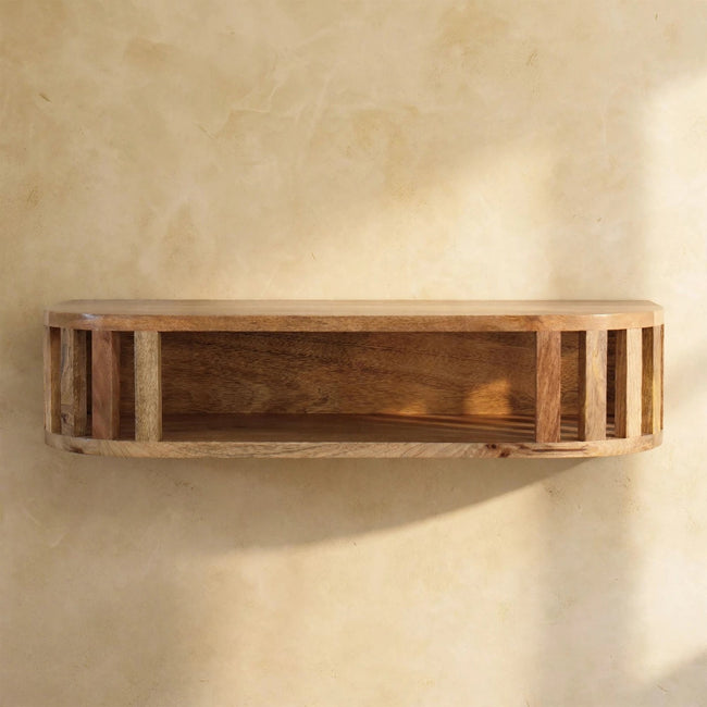 Wall-mounted Ariella console table with an open shelf and a plant displayed on top