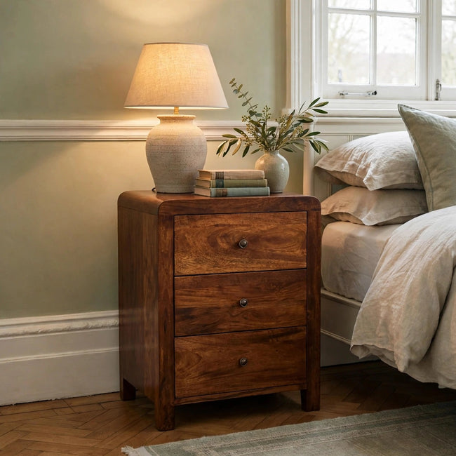 Aspen 3 drawer bedside table in chestnut-finished solid mango wood styled in a bedroom