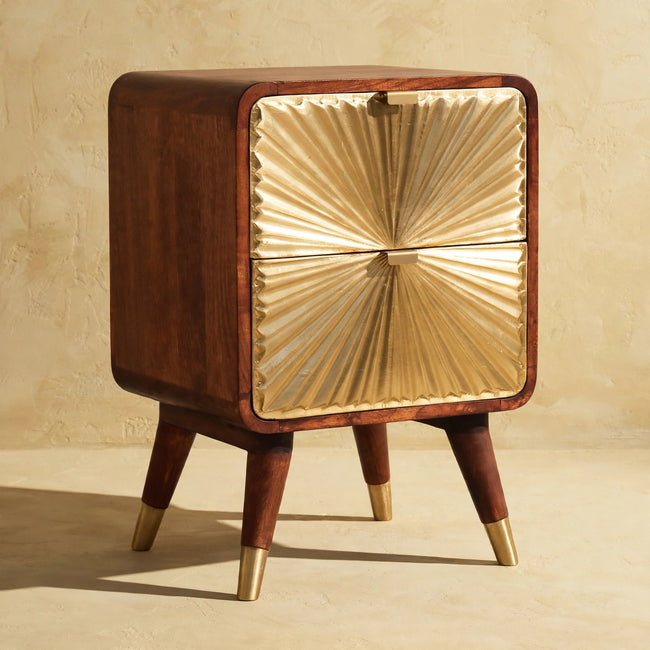 Front view of the Avora 2 drawer nightstand showing the brass embossed pattern and metallic handles