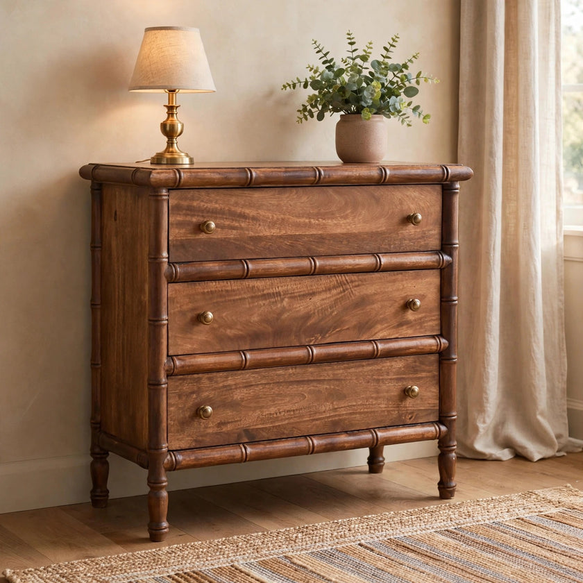 Bamboo carved 3-drawer mango wood chest in a styled room setting