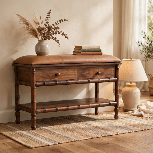 Mango wood storage bench with bamboo-style carvings and a mocha leather cushion in a room setting