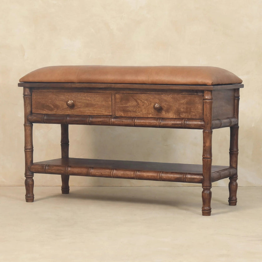 Storage bench with two drawers and antique brass knobs in a room setting