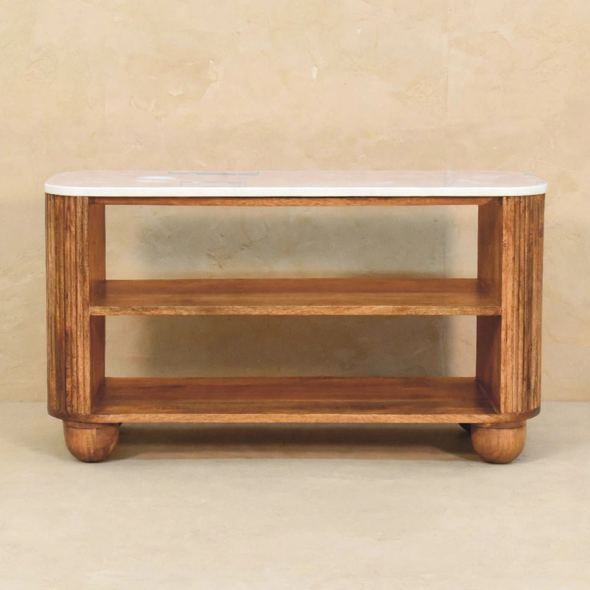 Smooth white marble top of the shoe bench in a room setting