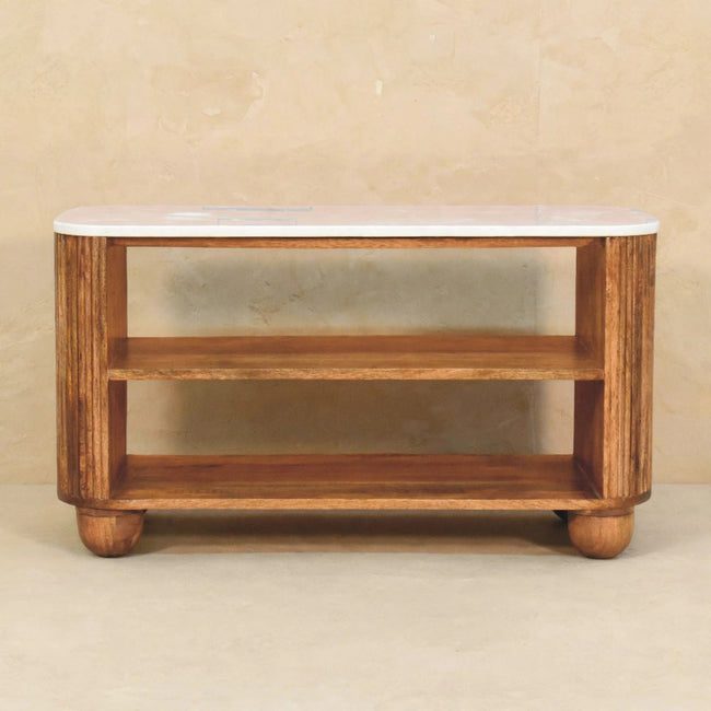 Smooth white marble top of the shoe bench in a room setting