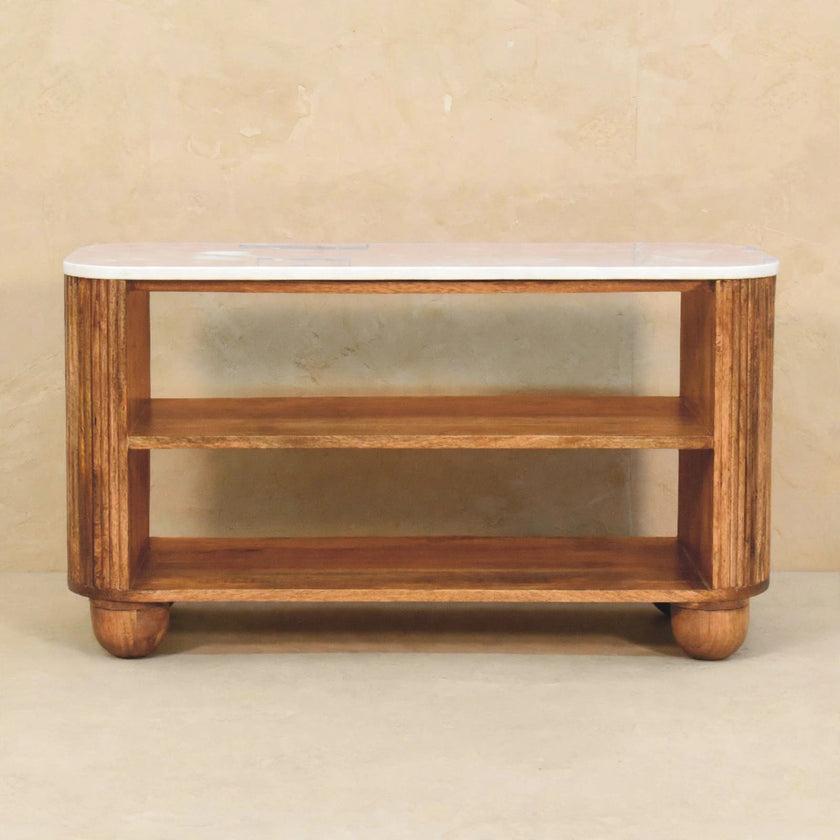 Smooth white marble top of the shoe bench in a room setting