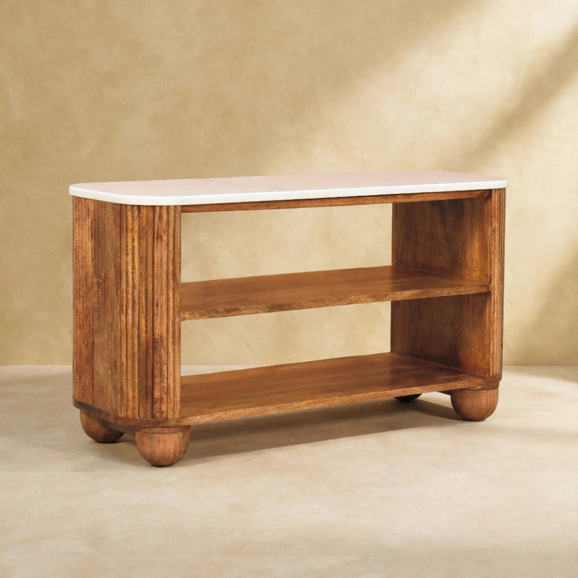 Shoe bench with two open shelves holding shoes