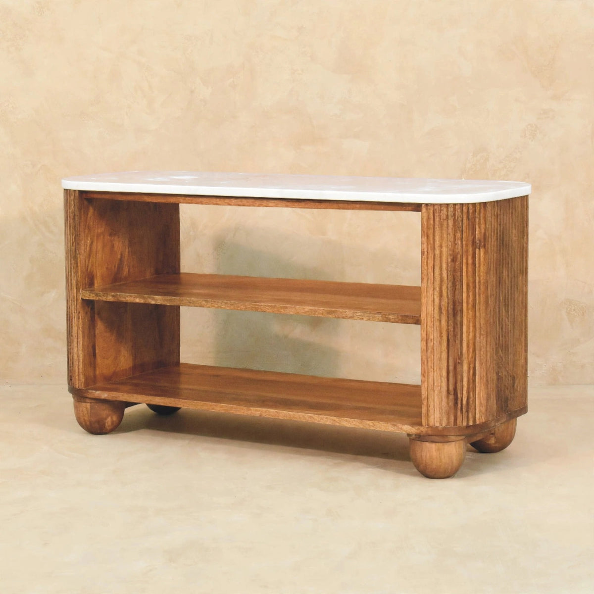 Fluted side detail on the mango wood shoe bench