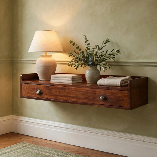 Belmont wall-mounted console shelf in chestnut-stained solid mango wood, shown in a room setting