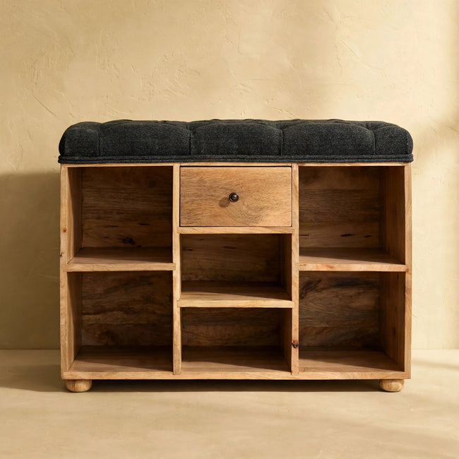 Solid mango wood hallway bench with black tweed seat and open shoe shelves