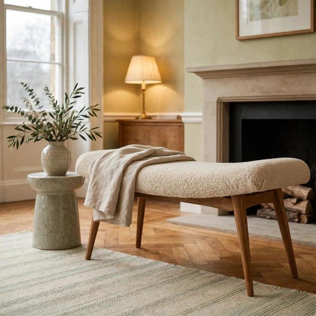 Cream boucle curved bench on solid mango wood legs styled in a room