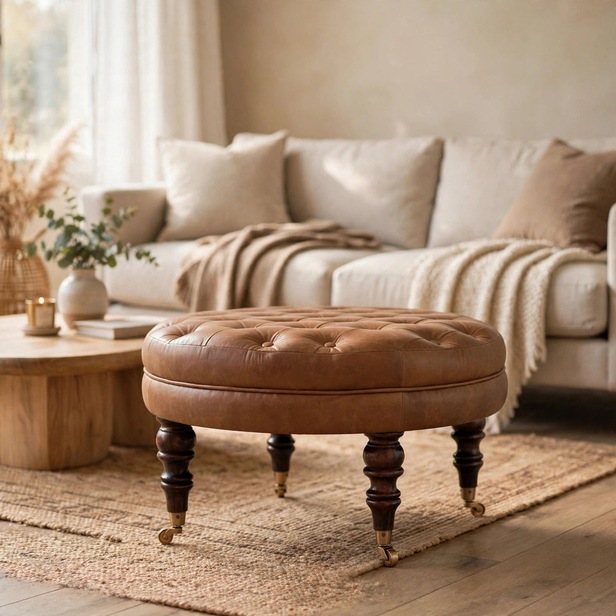 Round brown buffalo leather ottoman with tufted top and caster legs in a living room
