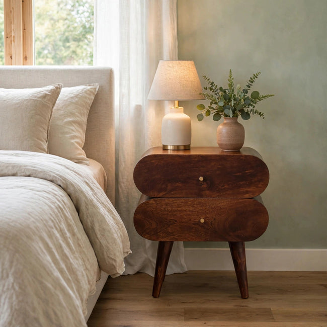 Bubble Chestnut bedside table with two round capsule-style drawers in a styled bedroom