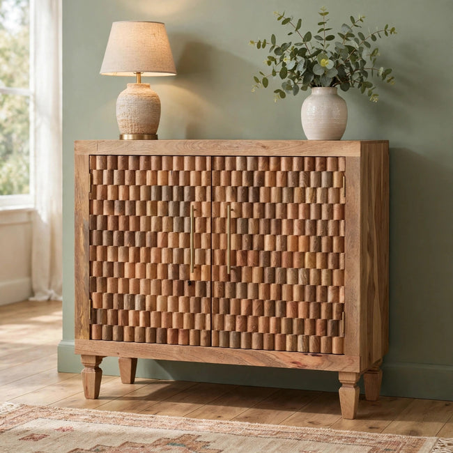 Cadiz carved block cabinet in Golden Teak solid mango wood styled in a living room