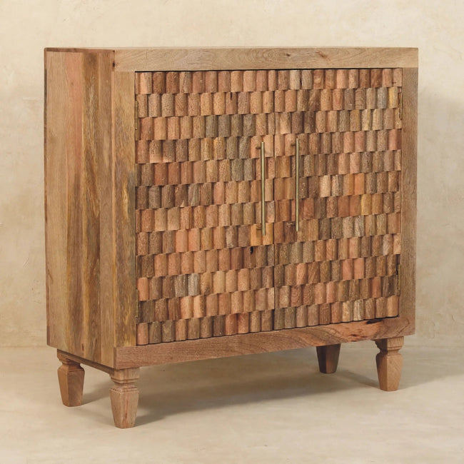 Living room with the Cadiz cabinet and its geometric carved front