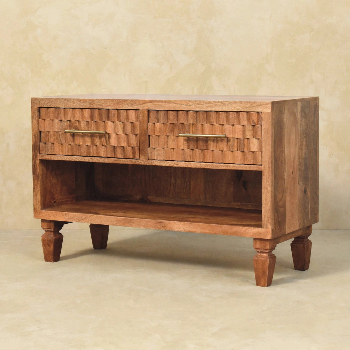 Golden Teak shoe cabinet in a styled room with decor on top